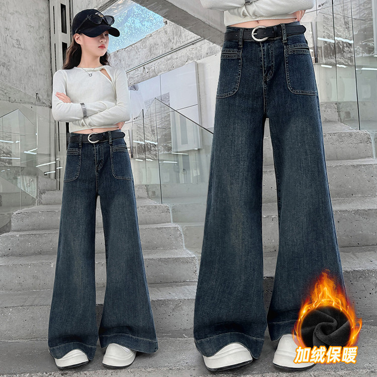 女童加绒阔腿裤冬季新款加厚一体绒儿童微弹牛仔裤儿童韩版休闲裤