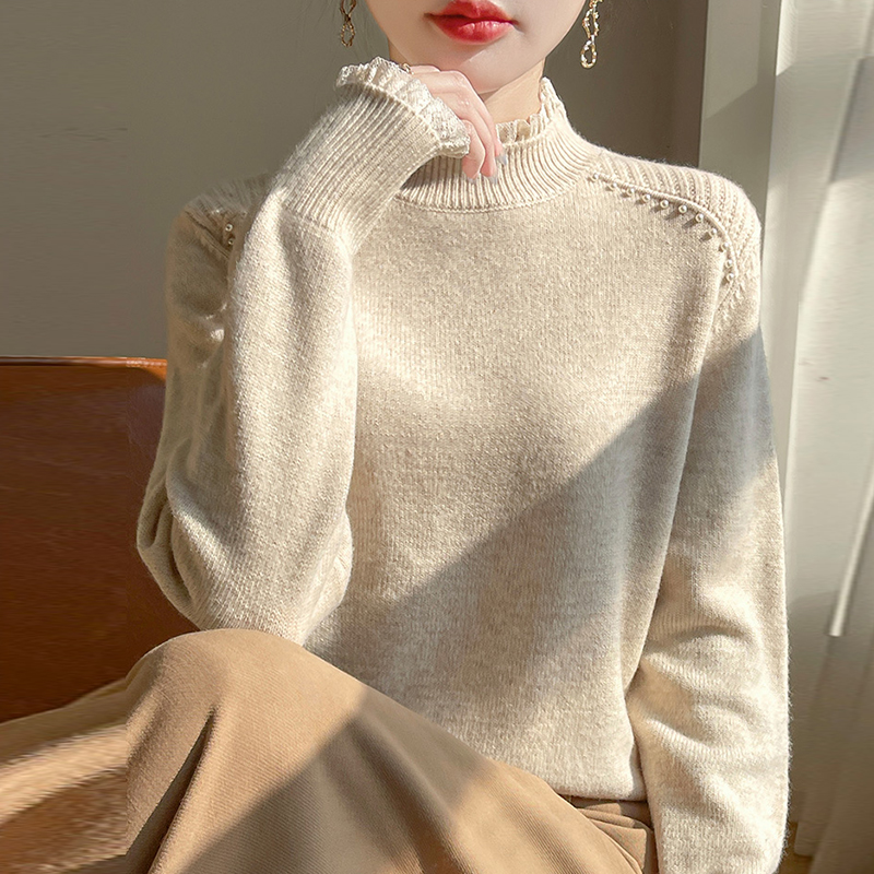 100纯羊毛衫女秋冬蕾丝边针织显瘦打底衫宽松百搭套头羊绒衫毛衣