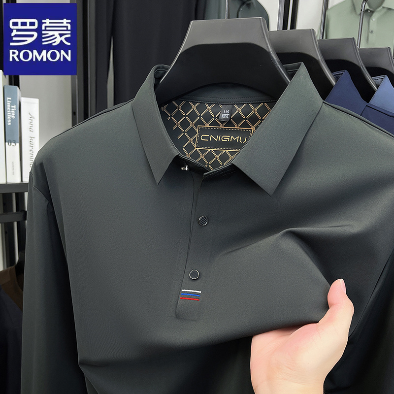 罗蒙纯色休闲商务长袖Polo衫春秋季无痕翻领男士爸爸装中年t恤衫
