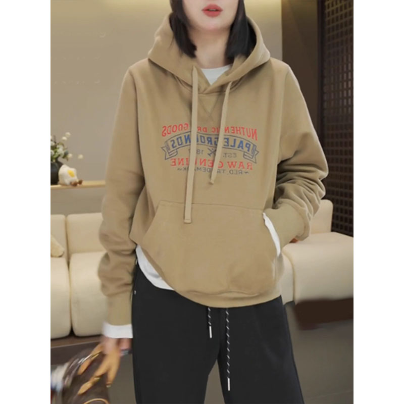3851冬季新款高级感字母加绒连帽套头卫衣女时尚显瘦休闲保暖上衣