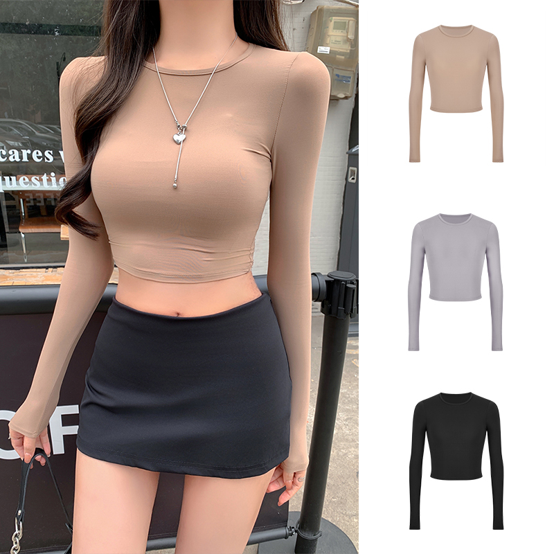 Moses Queen/魔西女王美式复古辣妹长袖T恤修身露脐正肩短款上衣