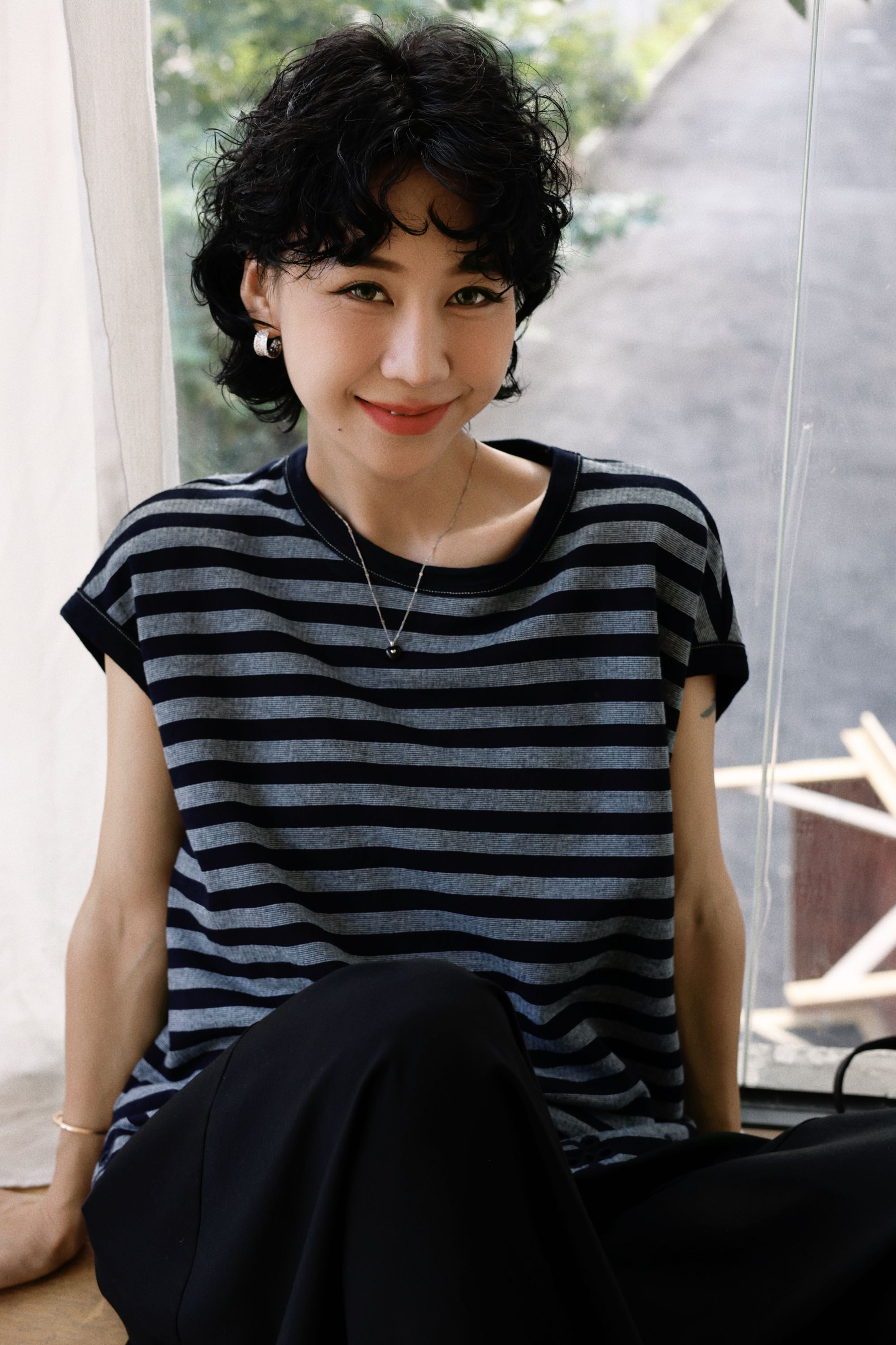 TT设计师【扶桑树】纯棉藏青条纹百搭镂空绣花无袖条纹T恤TT190551