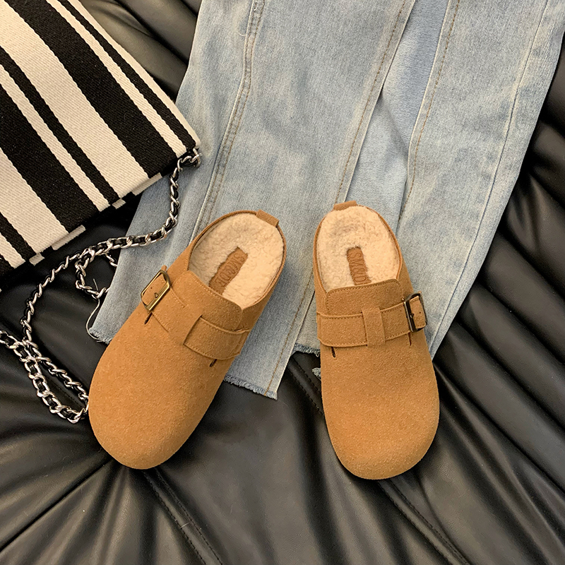 厚底内增高加绒勃肯鞋一脚蹬包头半拖鞋女外穿2025新款秋冬棉拖鞋