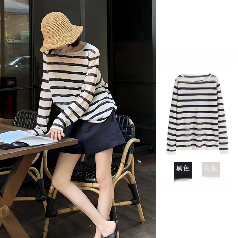 夏季大码黑白条纹防晒宽松慵懒风冰丝针织衫长袖薄款罩衫上衣胖mm