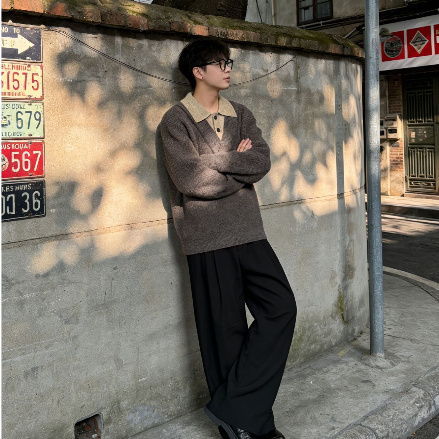 美拉德老钱风假两件撞色拼接针织衫毛衣秋冬季男款慵懒复古高级感