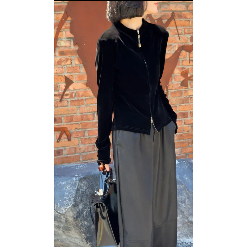 丝绒立领拉链短外套女2025秋季大码胖MM百搭休闲黑色显瘦修身上衣