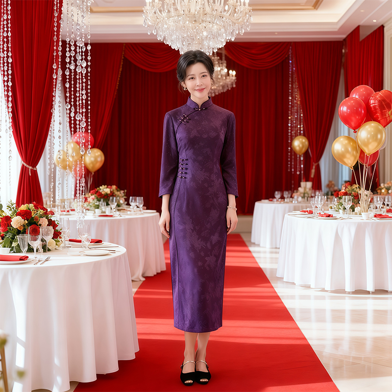 喜婆婆婚宴装2025新款紫色加绒结婚高贵年轻妈妈礼服平时可穿旗袍