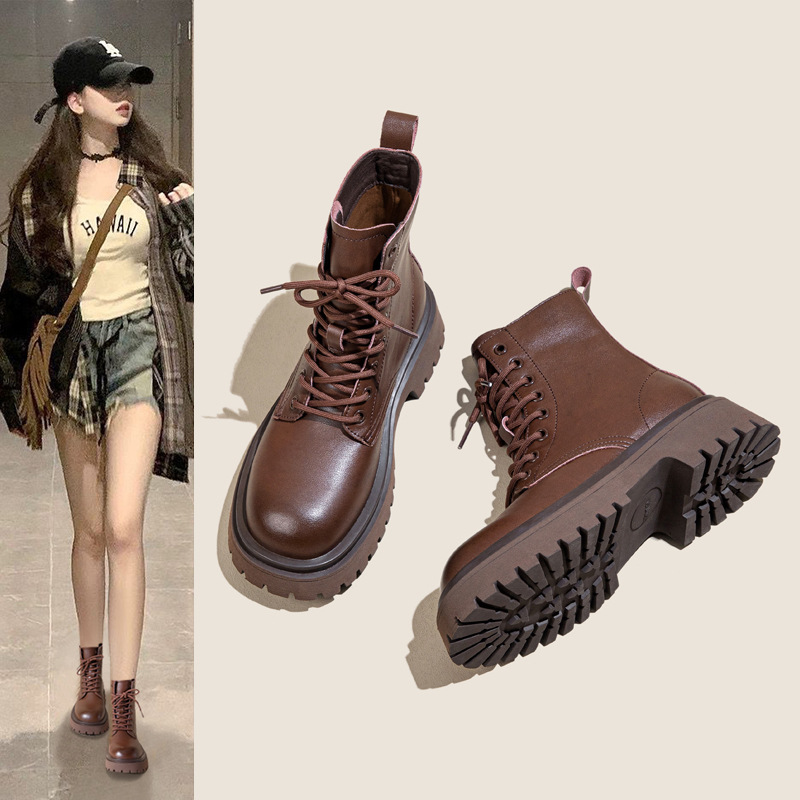 西瑞冬季新款加绒马丁靴女款厚底时尚增高短靴复古英伦爆款牛皮靴