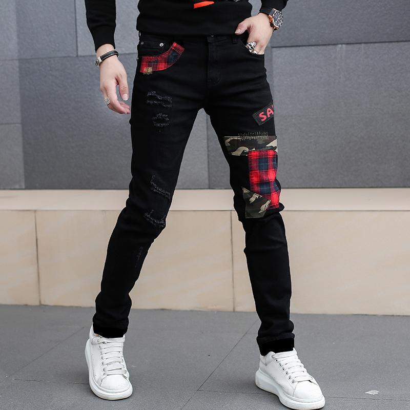 新款男士个性潮牌贴布补丁破洞小直脚修身潮流牛仔裤男长裤黑色