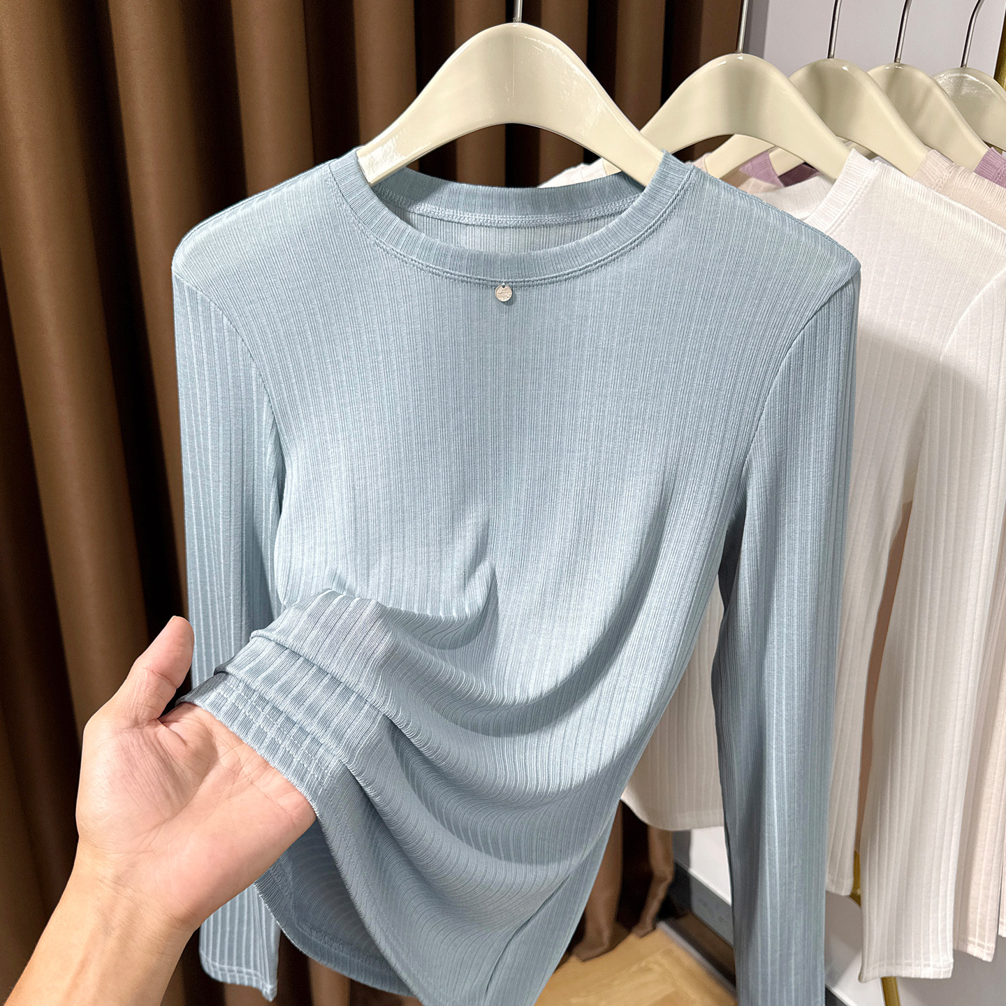 小圆领针织打底衫女秋冬套头长袖T恤软糯薄款内搭气质修身上衣