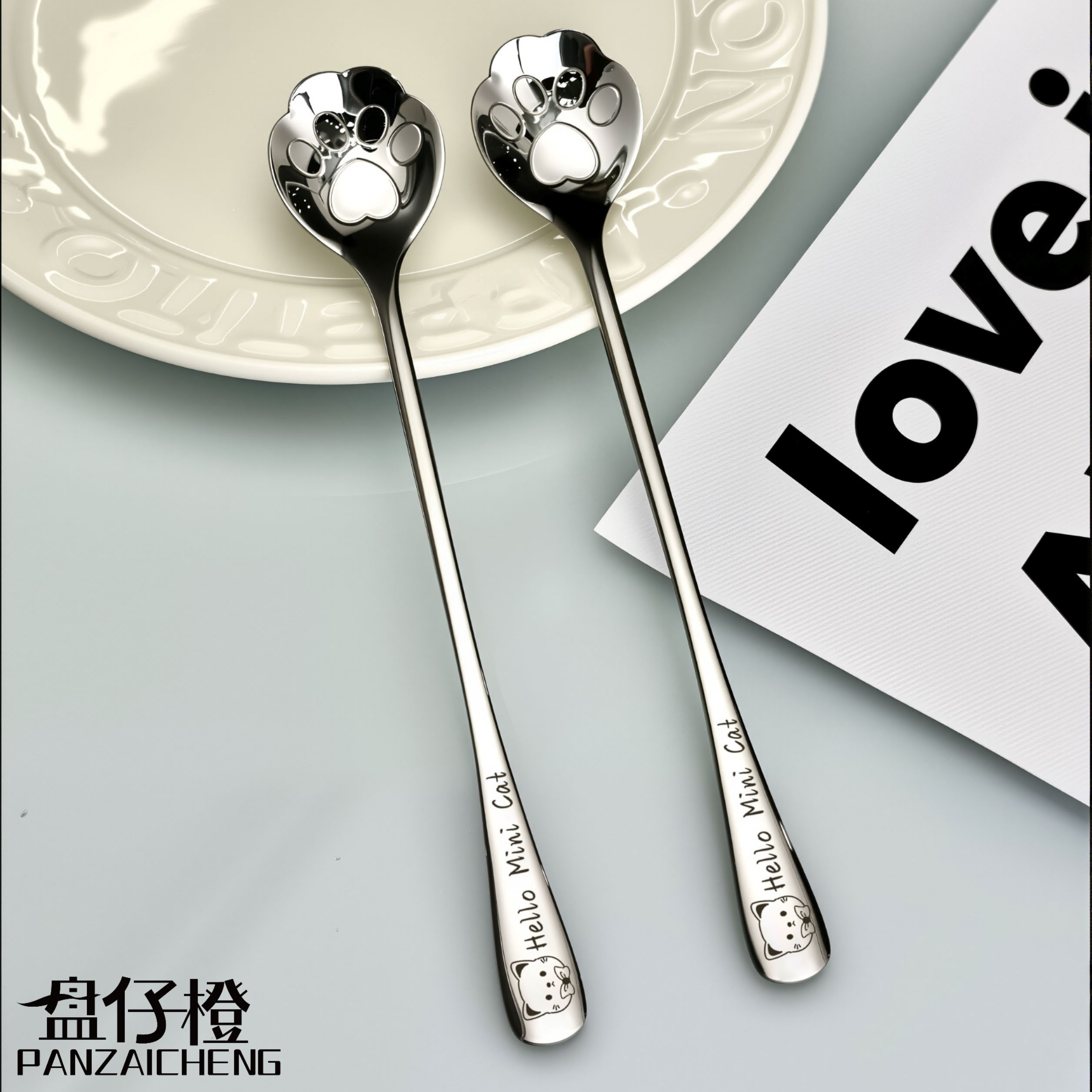 盘仔橙创意卡通猫爪勺甜品雪糕搅拌勺甜品勺304不锈钢咖啡搅拌勺