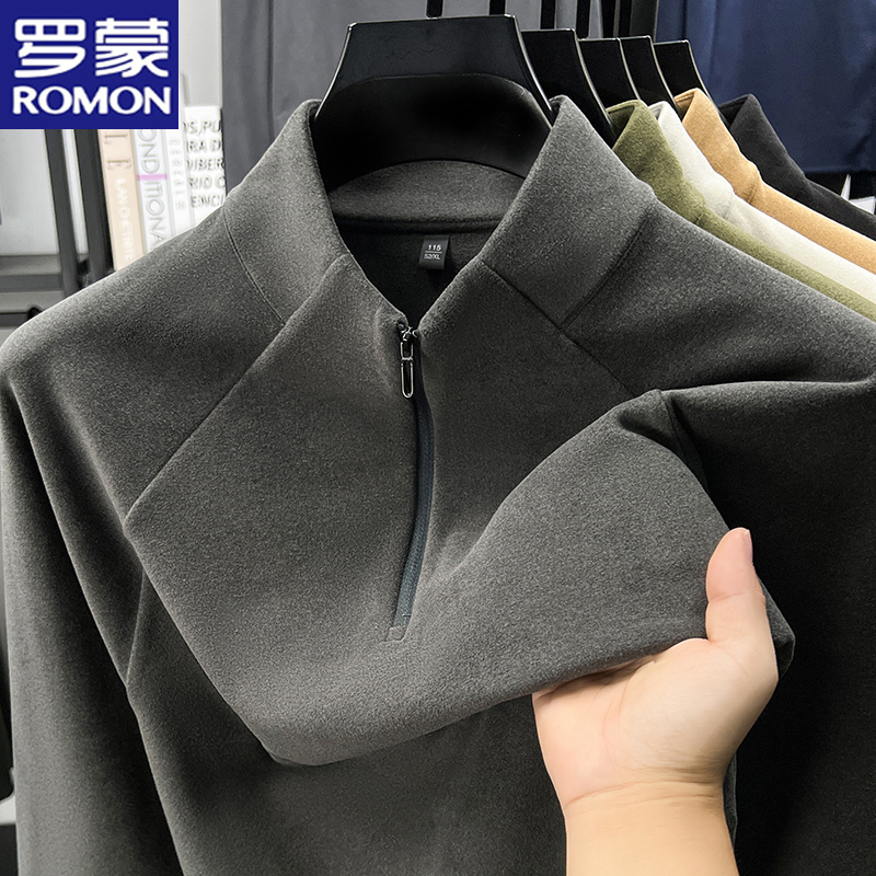 罗蒙秋冬新款男士加厚德绒纯色半拉链立领套头卫衣休闲打底衫T恤