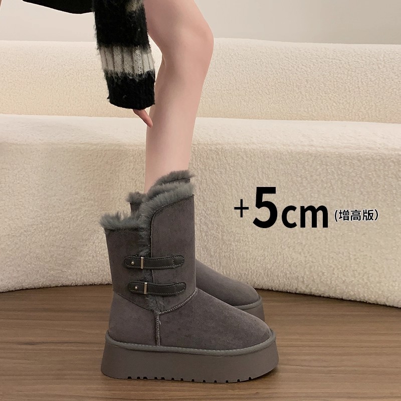 厚底皮带扣皮毛一体雪地靴女加绒保暖毛毛鞋短靴棉靴