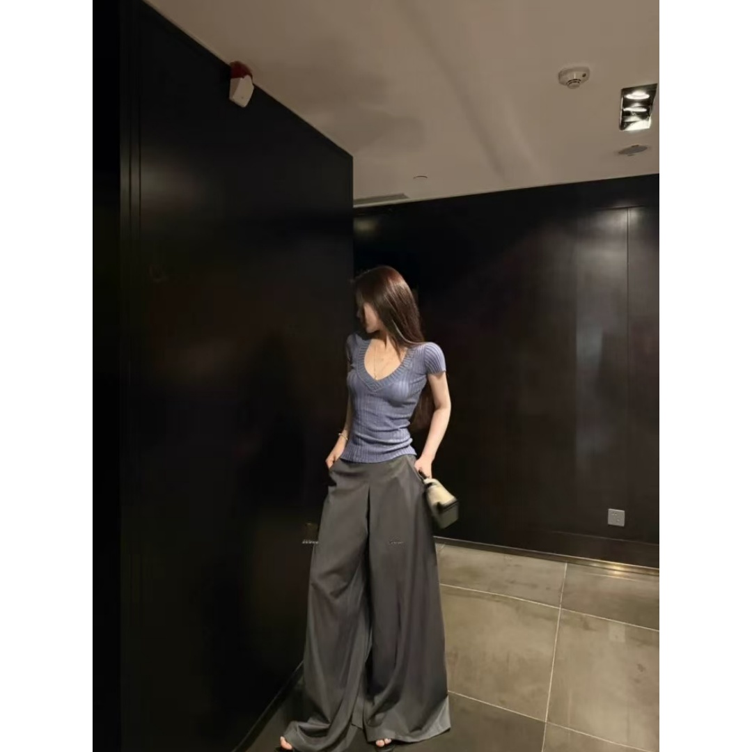 v领坑条高弹针织冰感收腰短袖T恤+休闲长裤时尚套装   80808