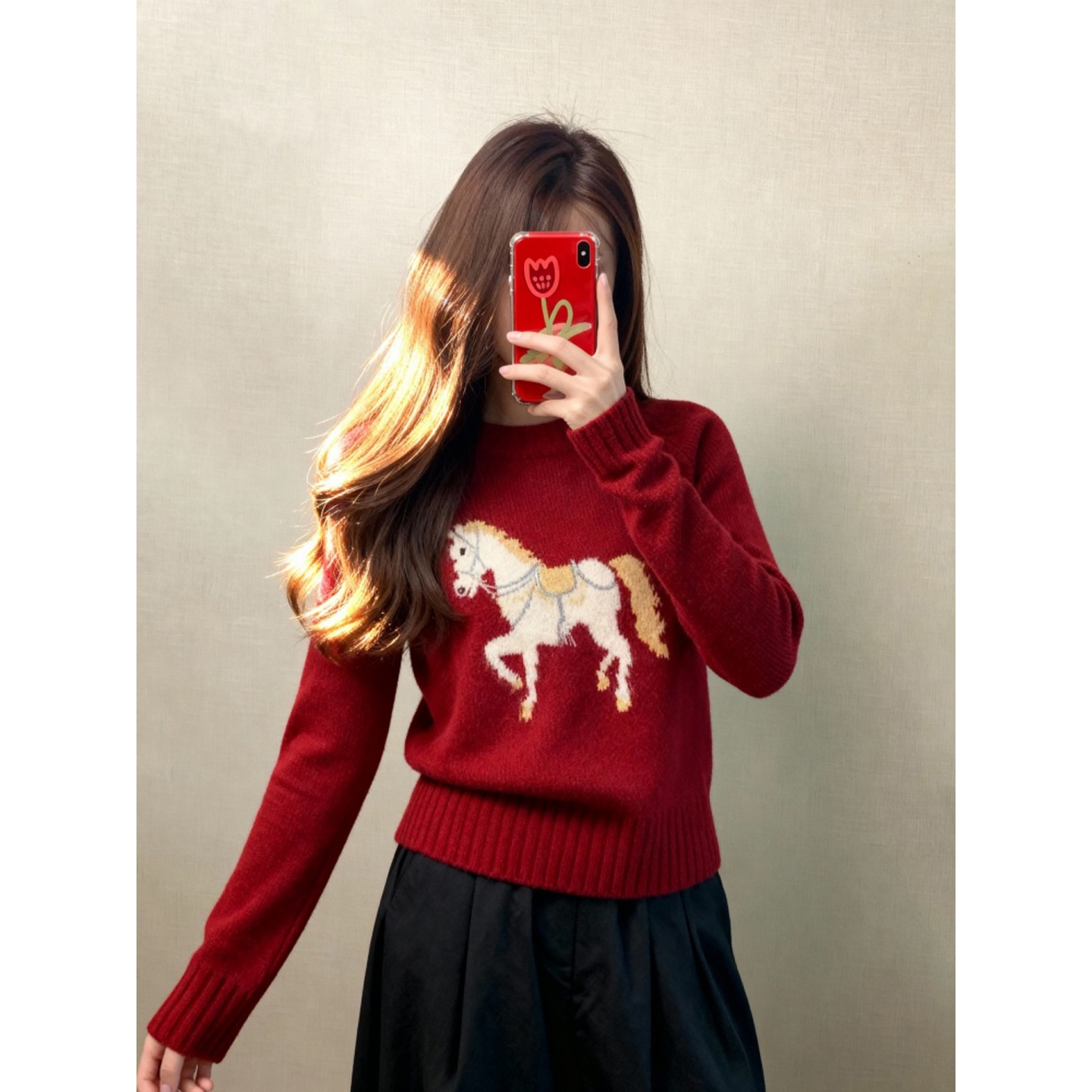 红色印花毛衣2026马年本命年衣服女秋冬慵懒高级感小香风针织上衣