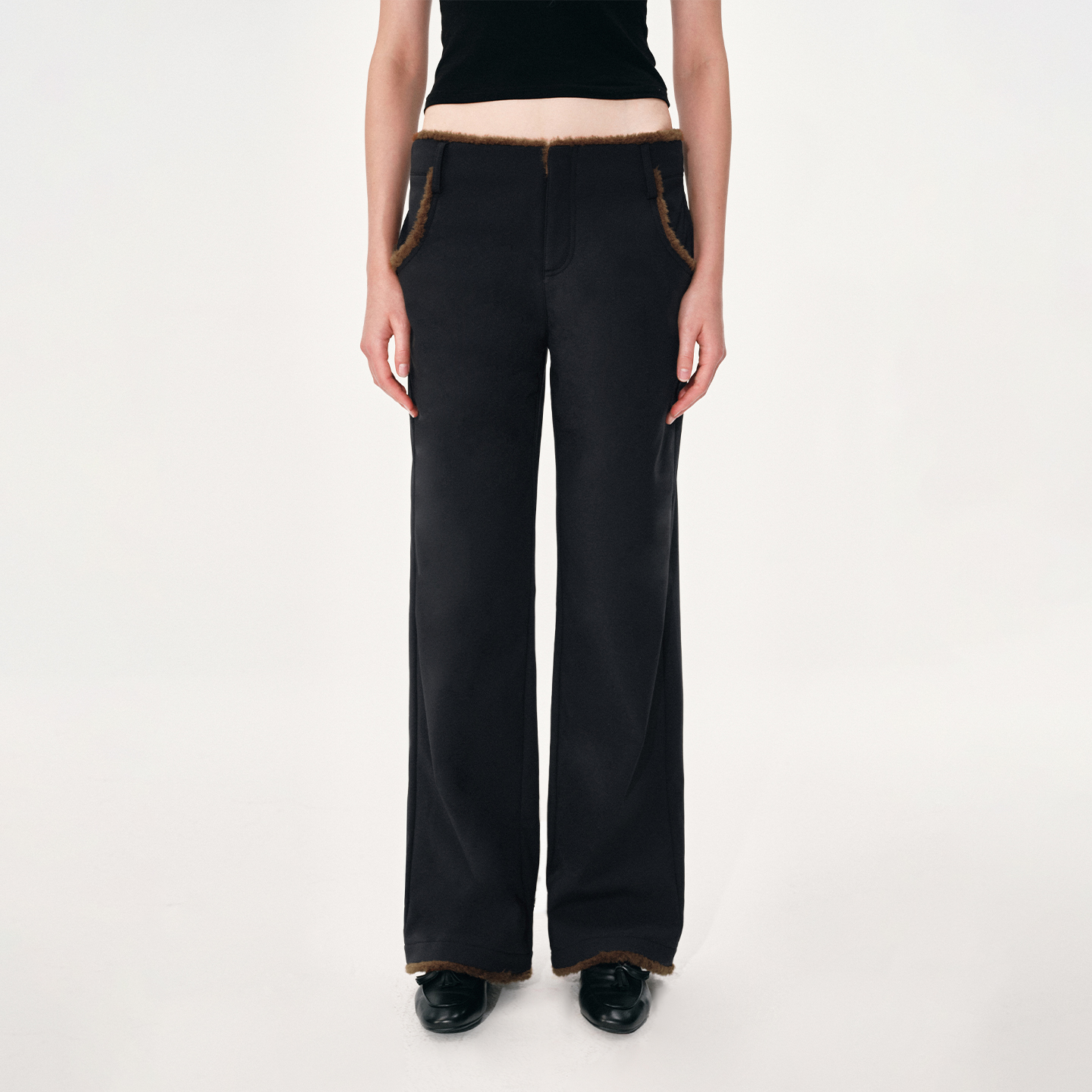 NUTH黑色复古拼接撞色休闲微喇裤女