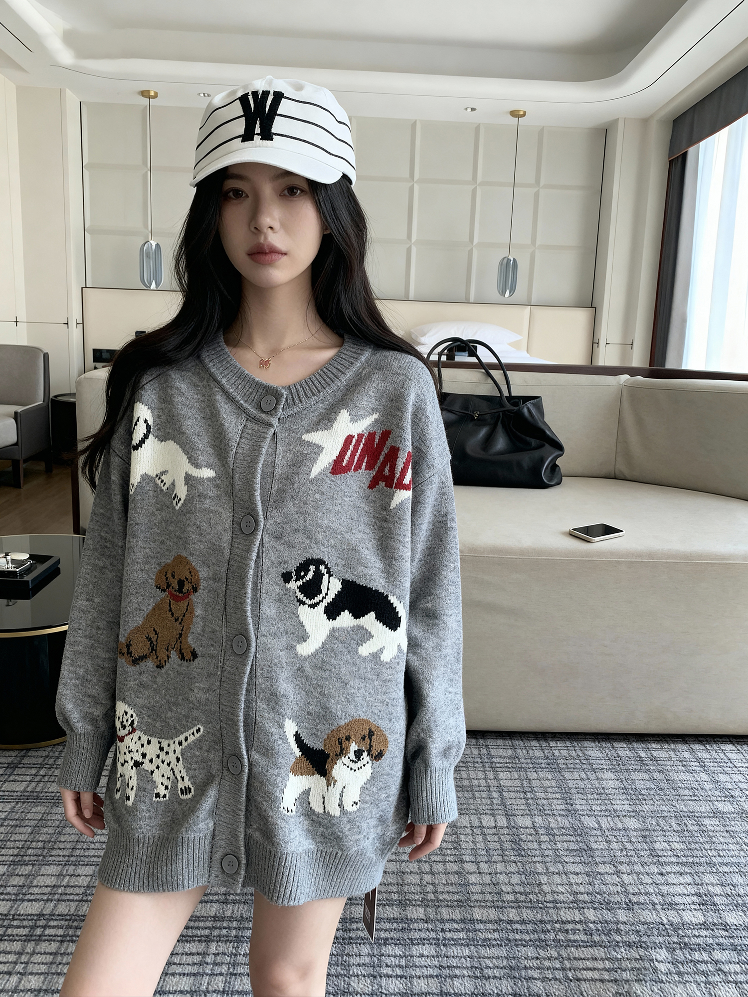 美式复古趣味卡通小狗图案针织衫圆领纽扣宽松显瘦针织开衫外套