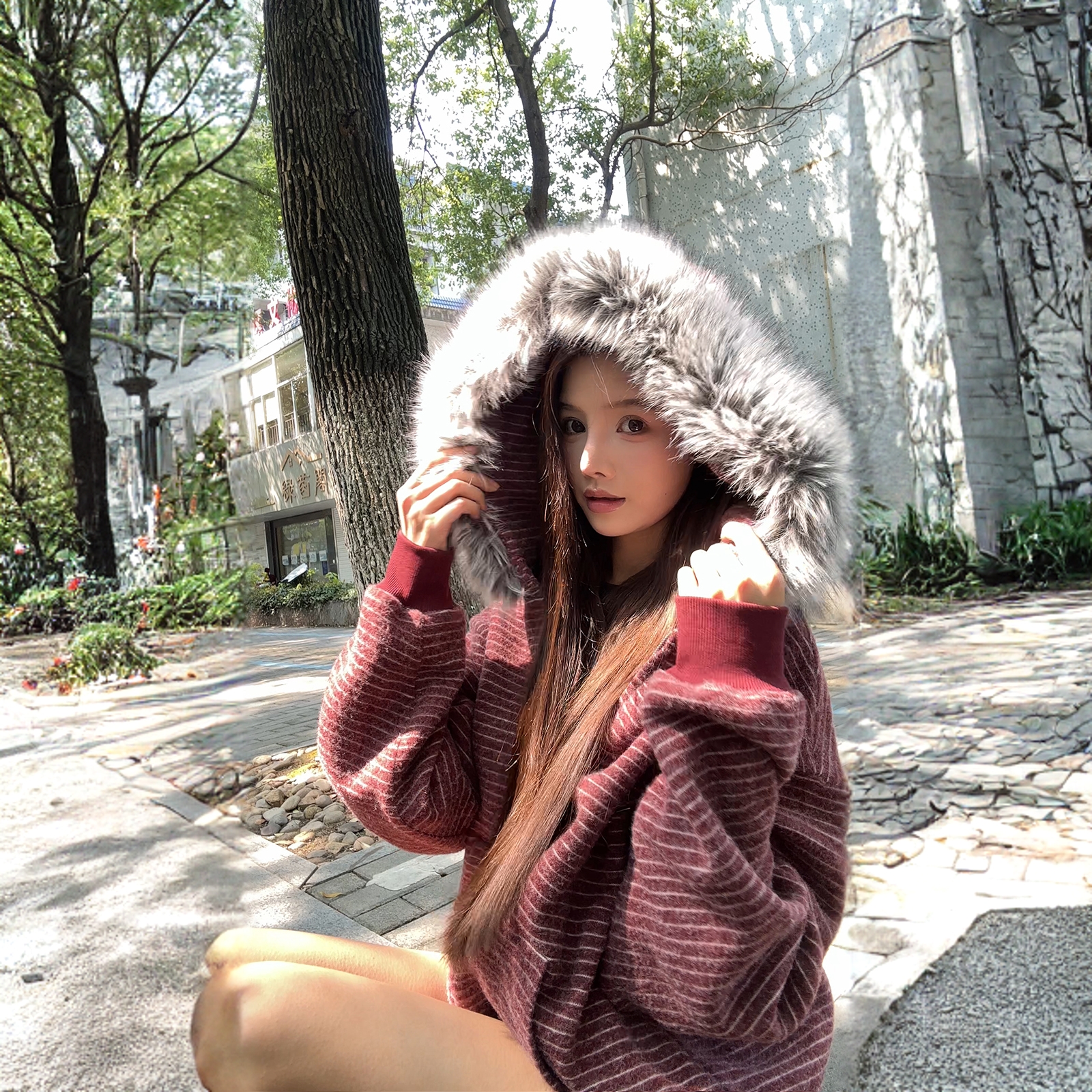 ICHMODE秋冬毛领卫衣外套女秋季开衫情侣款条纹新款磨毛穿搭基础