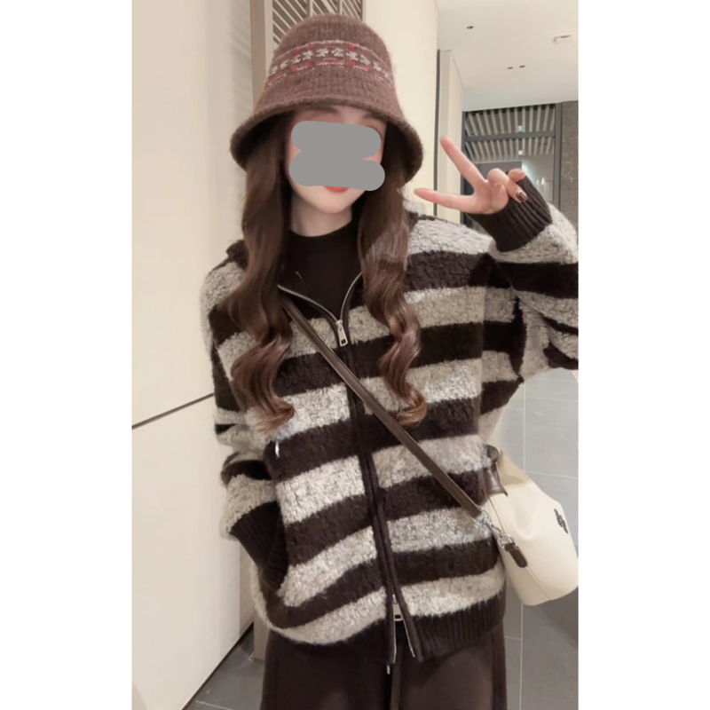 2026秋冬季新款复古慵懒风宽松双头拉链连帽口袋条纹毛衣针织外套