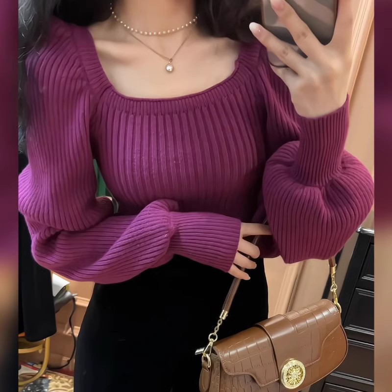 高级感好看毛衣女2025秋冬方领泡泡袖慵懒方领内搭打底针织上衣