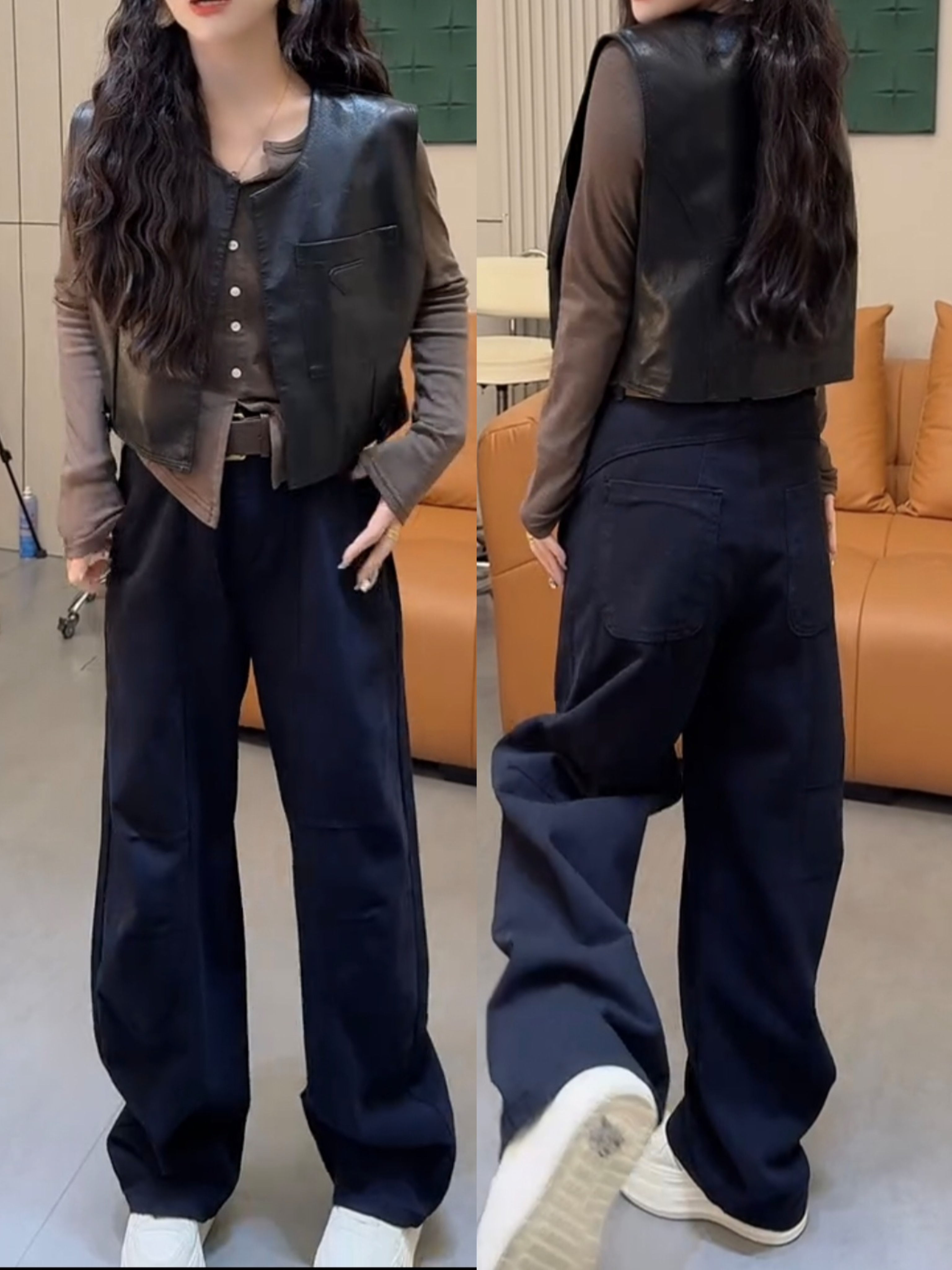 秋季新款洋气立体裁剪弯刀牛仔裤大码梨形身材遮胯显瘦高腰拖地裤