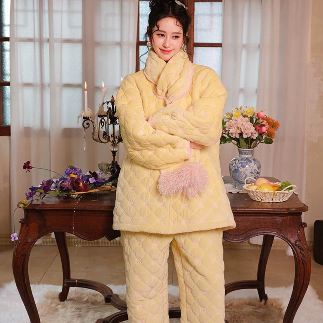 原创奶油小方可拆卸围巾三层加厚夹棉睡衣两件套宽松家居服套装
