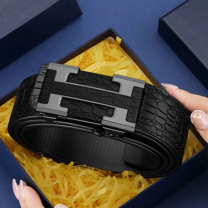 源头代工男士鳄鱼纹无牙自动扣内穿腰带商务百搭皮带男款休闲裤带