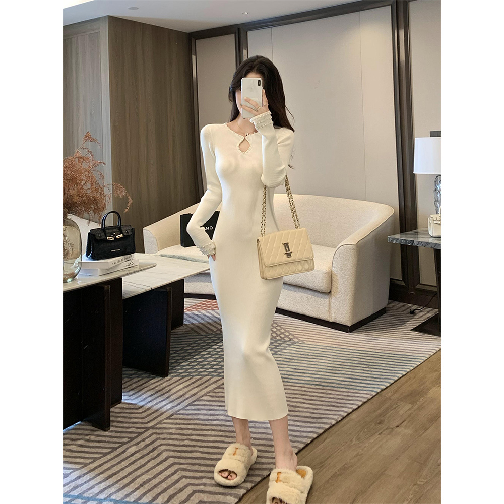 林妍儿针织水滴领OL针织毛衣连衣裙秋冬季修身高级气质内搭打底裙