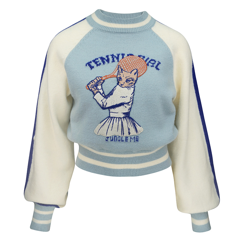 JUNGLE ME秋冬休闲风棒球服常规衣女毛衣短款蓝色时尚撞色