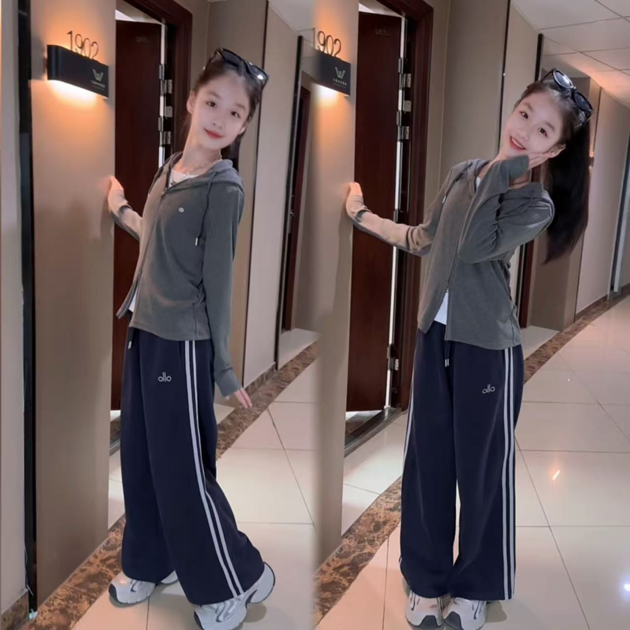 女童秋款假两件帽衫休闲裤套装中大童时尚连帽上衣运动网红两件套