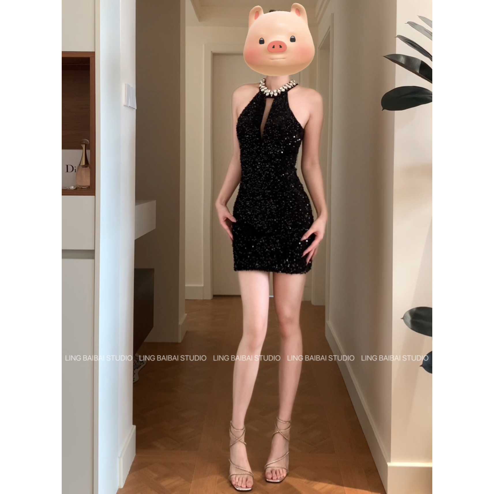 //暮光繁星//自带胸垫性感黑色挂脖露背重工生日短裙亮片生日战裙