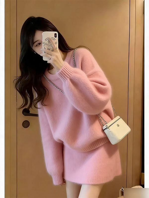 温柔甜美风粉色长袖软糯百搭针织衫半身裙减龄一整套女装秋冬新款