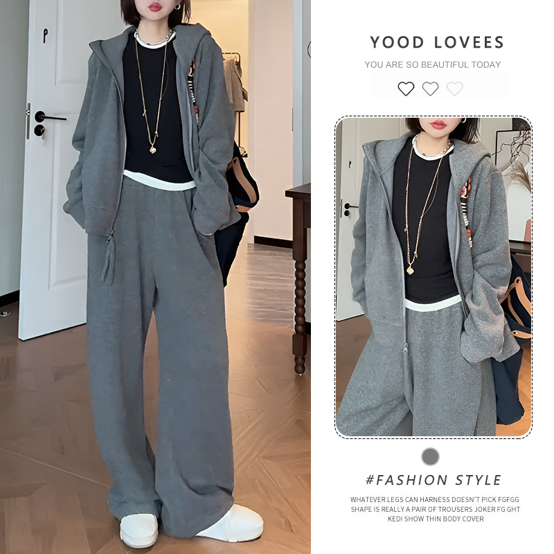2025冬季新款时尚休闲简约风拉链连帽卫衣外套+高腰休闲裤两件套