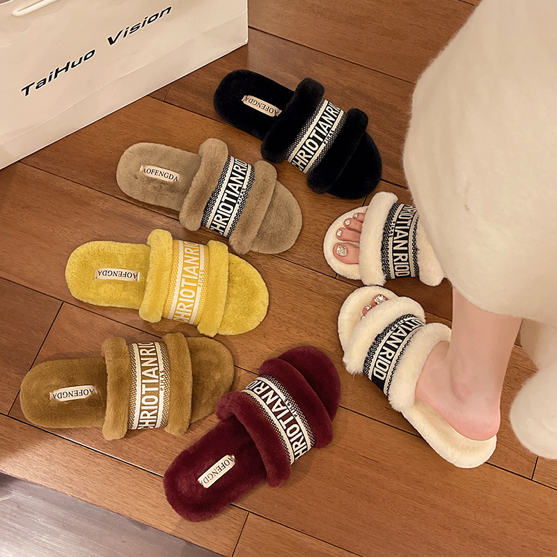 贵妇名媛毛毛拖鞋女新款外穿居家小个子增高棉拖毛绒厚底一字拖