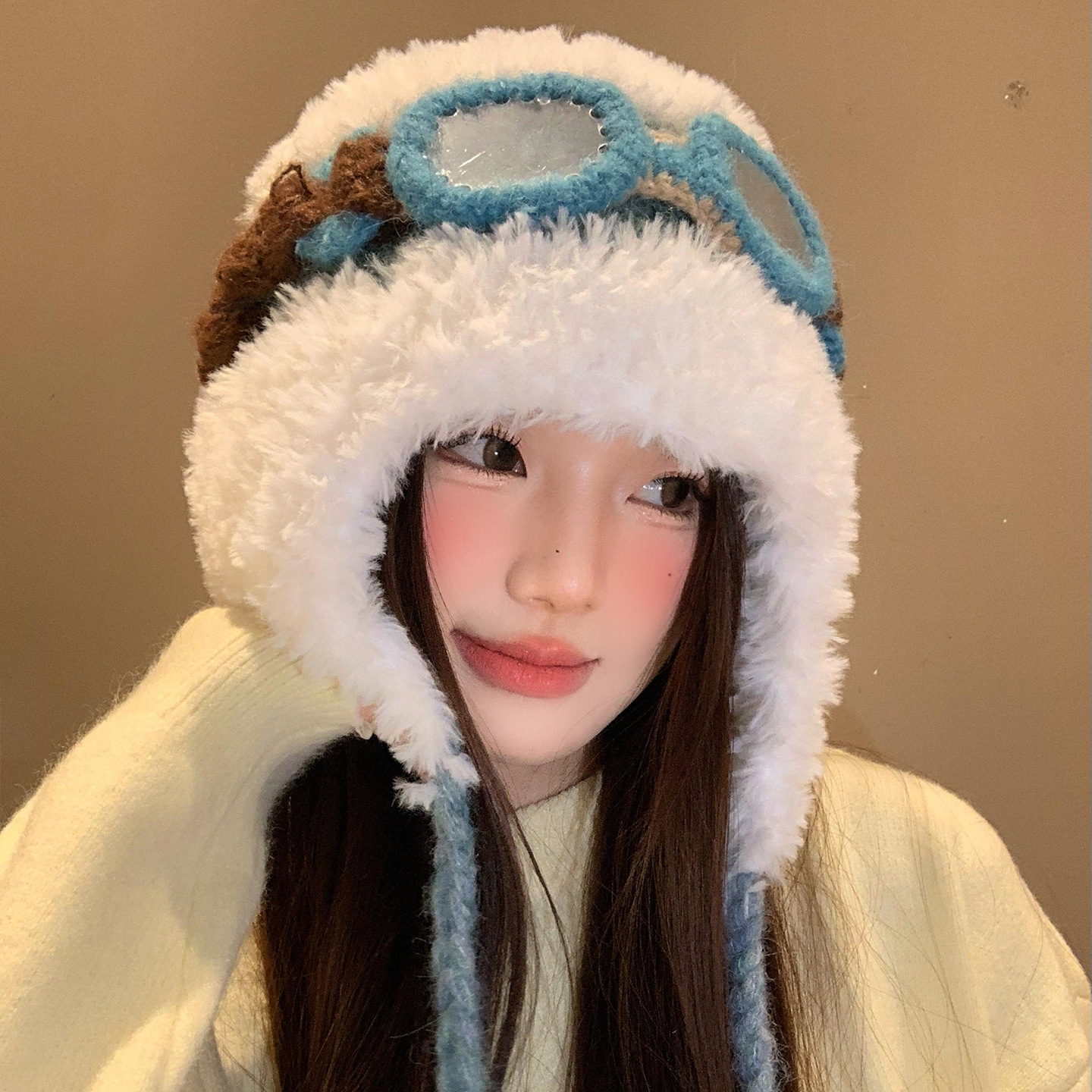 加绒款檀健次同款可爱眼镜飞行护耳雷锋帽子女秋冬保暖毛绒针织帽