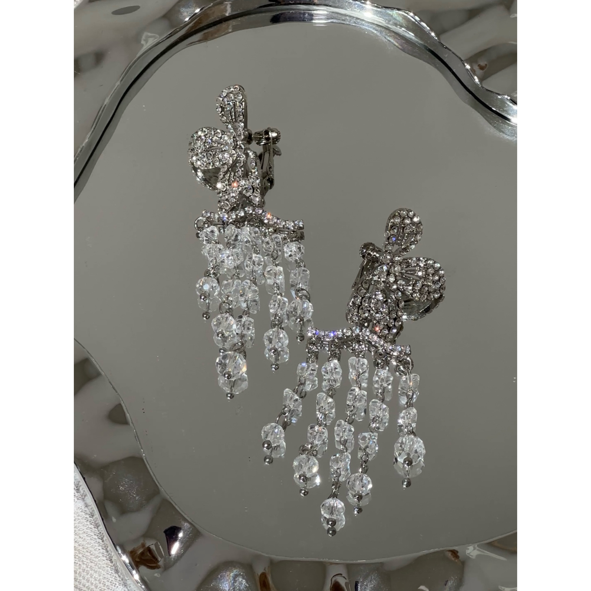 铜合金耳饰 3019新款高级感流苏水钻蝴蝶结耳夹新娘晨袍礼服耳饰