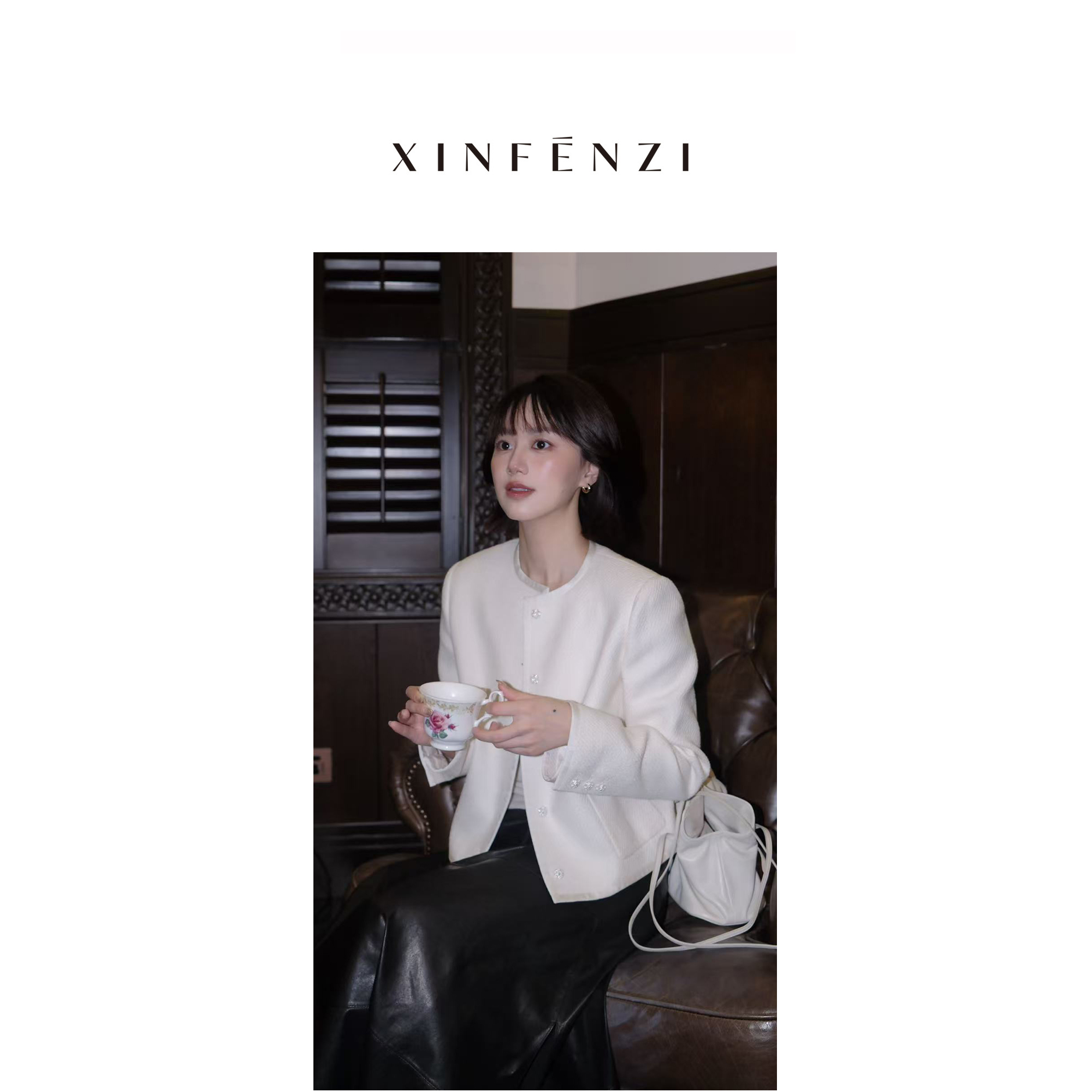 【白山茶】XINFENZI 法式花纱织带包边优雅小香风外套 FJK36960