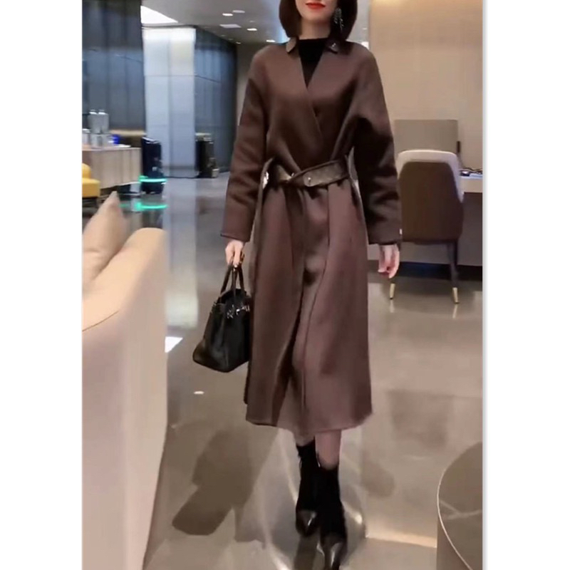 新款时尚减龄大衣女咖色中长款显瘦大码外套小香风