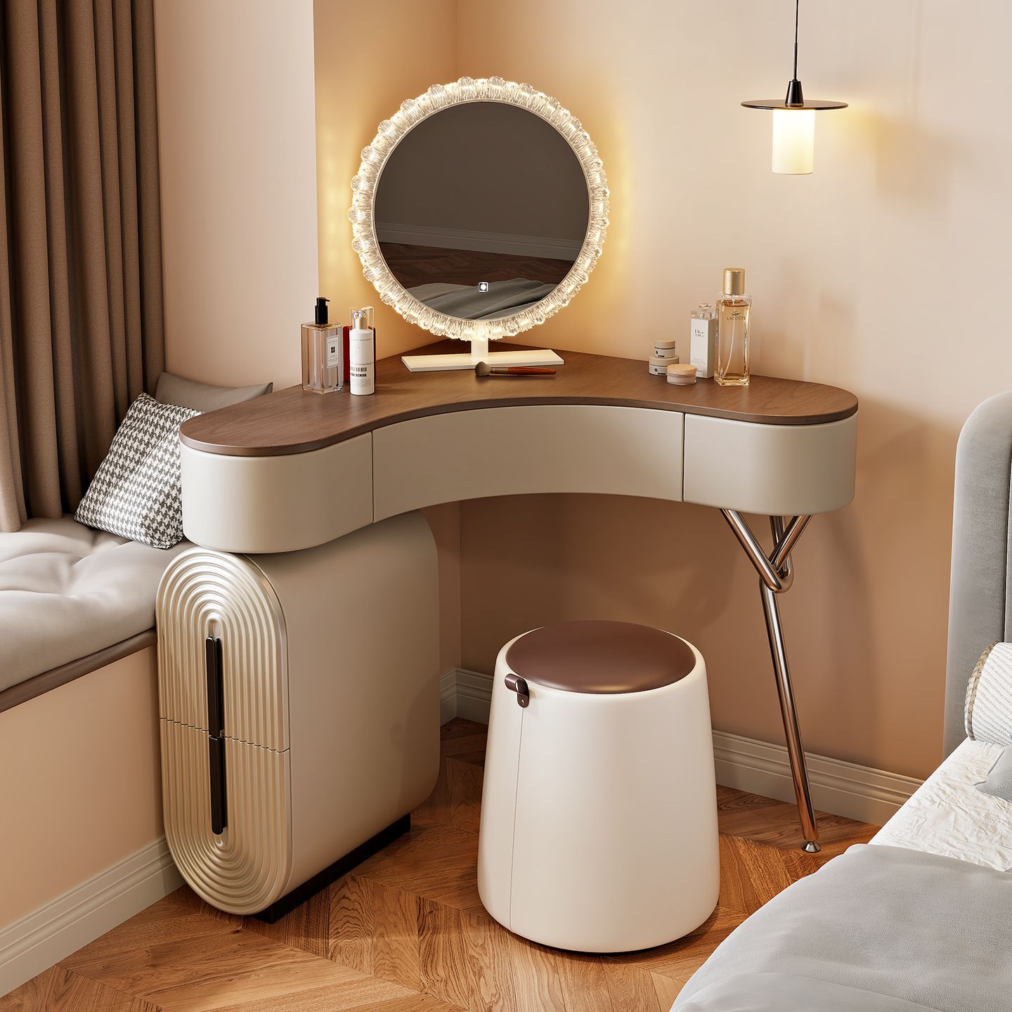 古风极简轻奢卧室小户型梳化妆桌现代简约转角梳妆台床边收纳一体