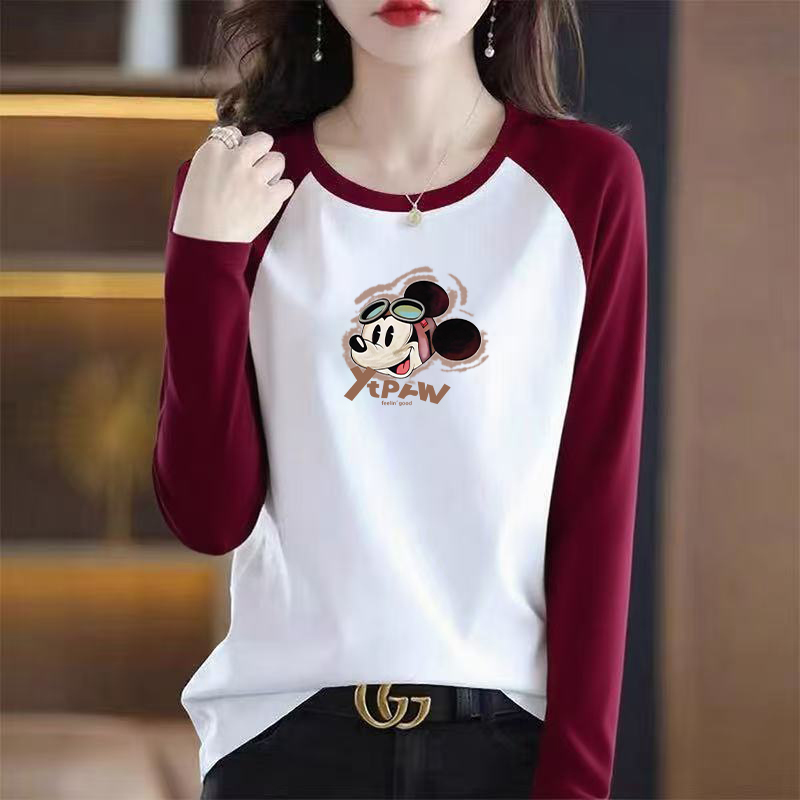 2025春秋新款圆领插肩长袖t恤韩版时尚大码宽松显瘦女装内搭上衣