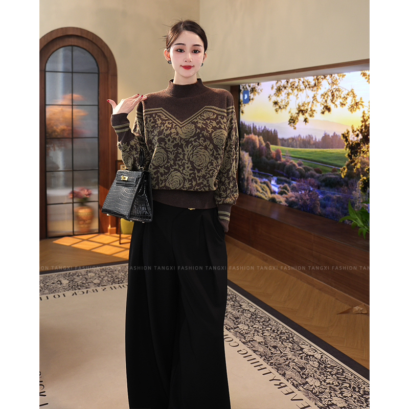 唐熹2025秋冬款【83JR】含绵羊毛可外穿精致内搭织花棕绿色高领毛衣