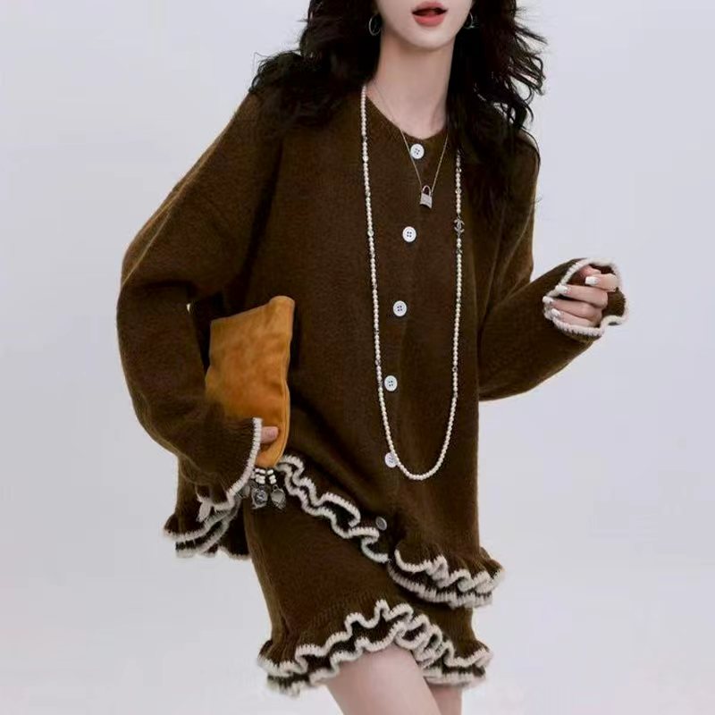 2025秋新款时尚套装女休闲风木耳边撞色针织上衣简约百搭高腰短裙