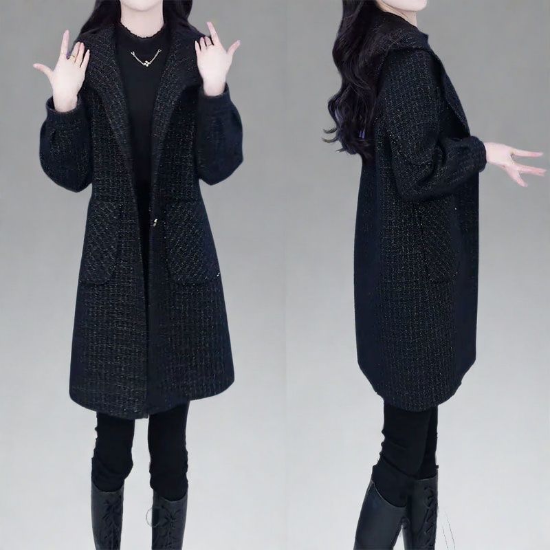 2025秋冬新款宽松显瘦中长款休闲百搭连帽外搭时尚气质毛呢外套女