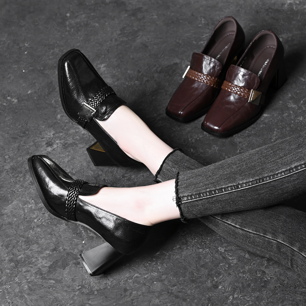 头层羊皮复古粗跟乐福鞋女2025春秋新款皮带扣法式一脚蹬高跟单鞋