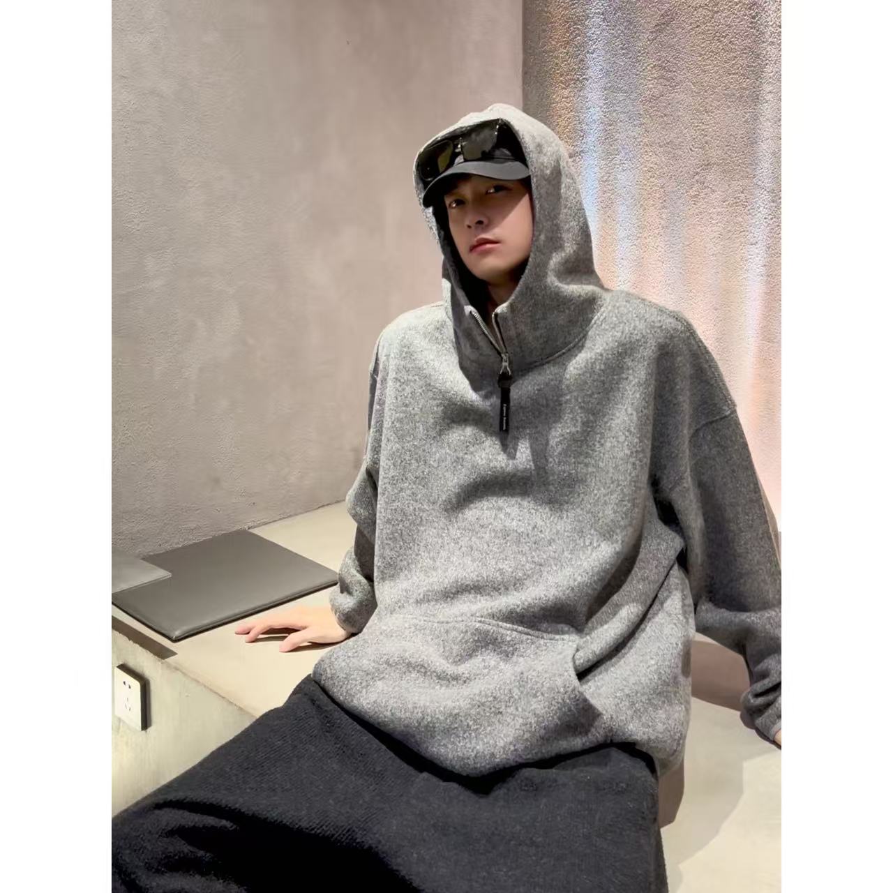 大圣圣 定制款冬季新款加绒加厚落肩宽松百搭保暖连帽卫衣男 6709