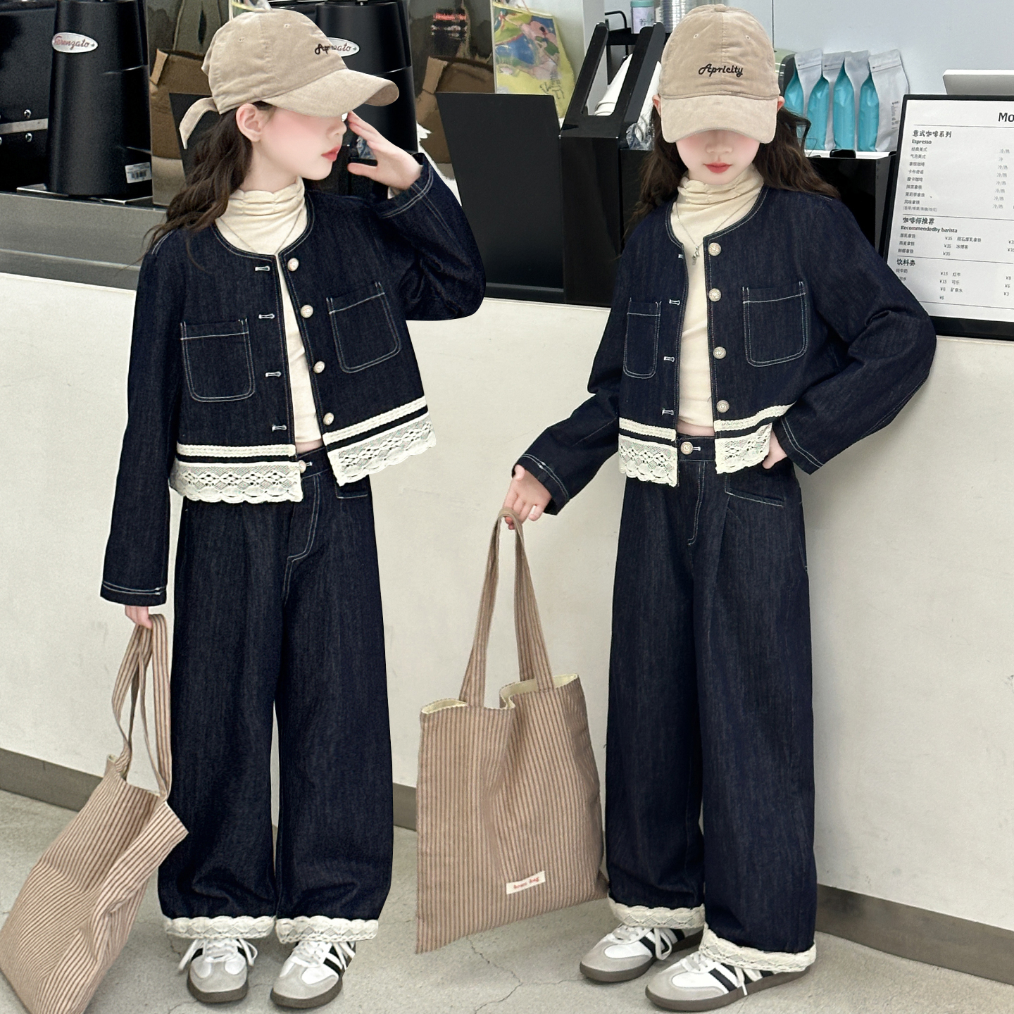 女童秋季蕾丝牛仔套装6-12岁15岁中大童女爆款牛仔套装高品质套装