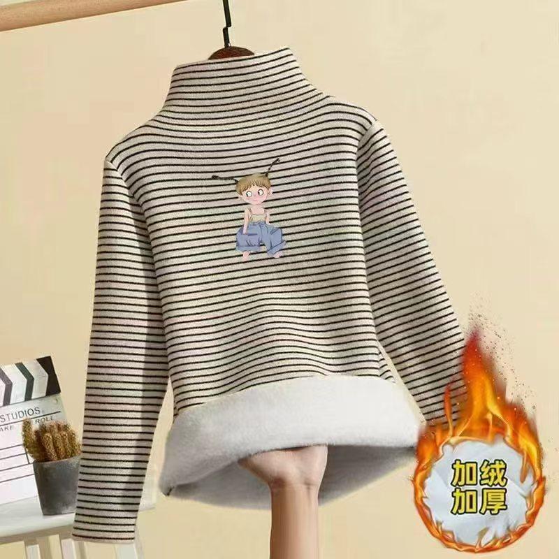 加绒保暖中大女童半高领条纹德绒打底衫秋冬新款长袖百搭加厚上衣
