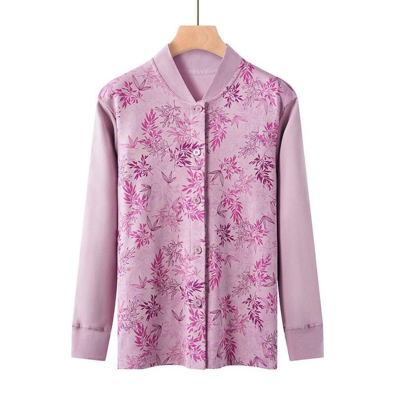 洋气老太太开衫秋衣纯棉 单件上衣带扣子妈妈保暖衣立领开胸线衣