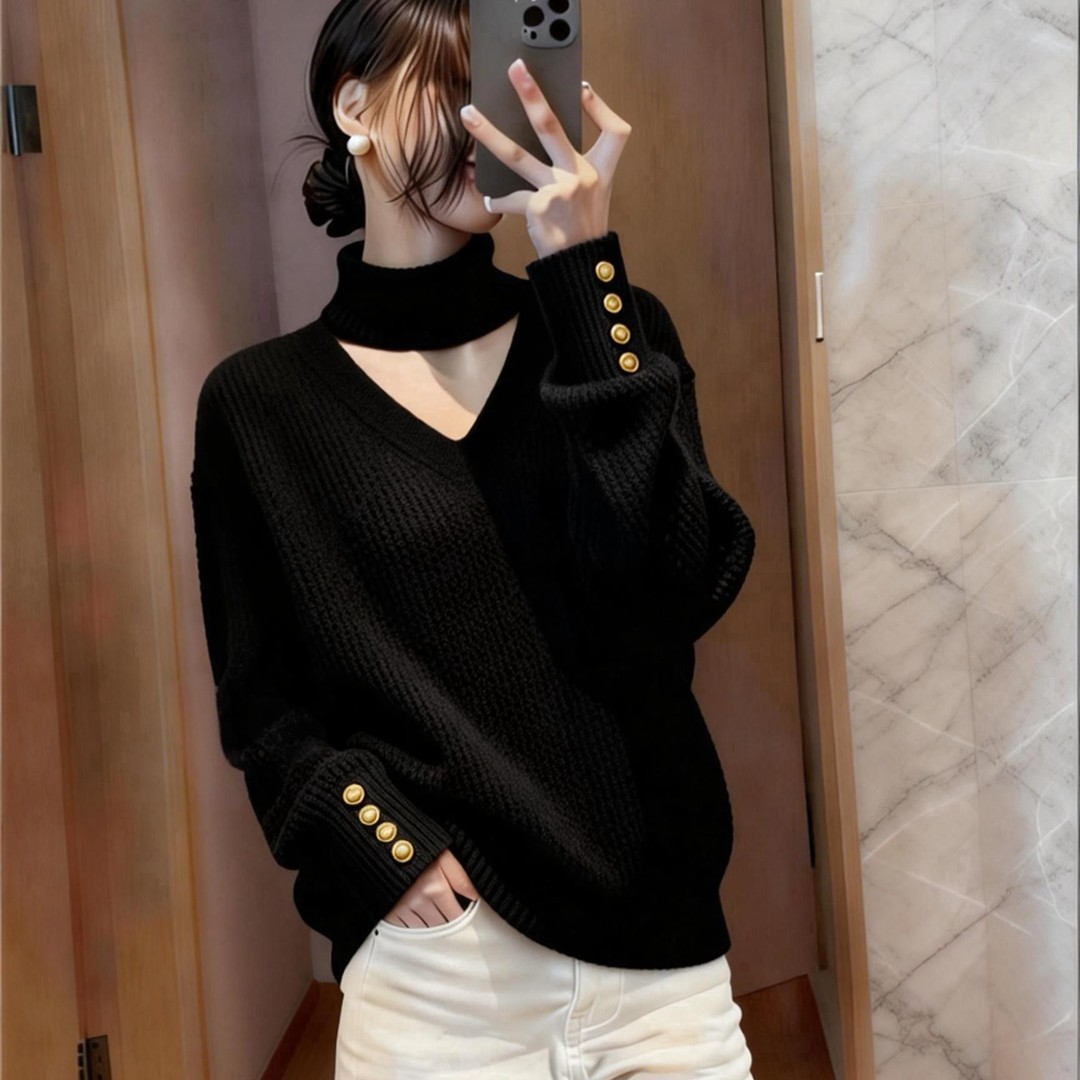 韩系简约风V领挂脖深灰色毛衣女秋冬休闲显瘦外搭长袖针织衫上衣