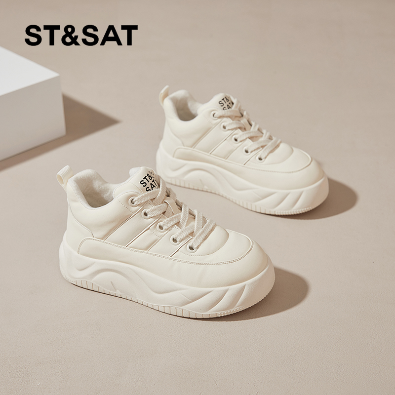 星期六5CM厚底增高小白鞋女2025冬季新款加绒加厚保暖松糕面包鞋